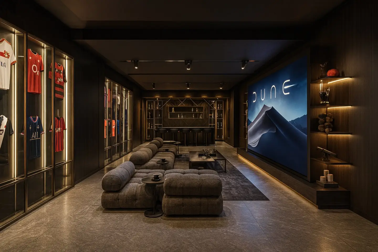 Casa Bosques 802: sala de cine privada con pantalla, bar y vitrinas iluminadas con jerseys