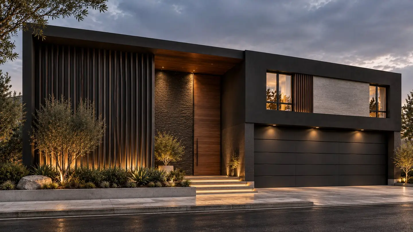 Fachada de Calzada Suiza al anochecer: volumen negro con celosía de madera vertical, puerta pivotante de madera y escalones iluminados