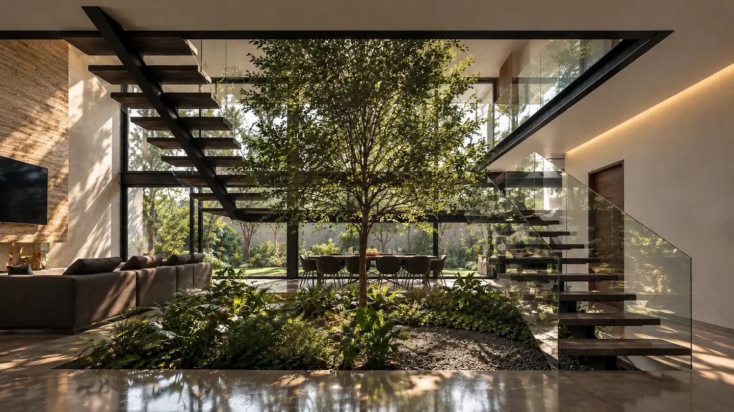 Calzada Suiza: patio interior con árbol a doble altura, escalera flotante con barandal de cristal y comedor abierto al jardín
