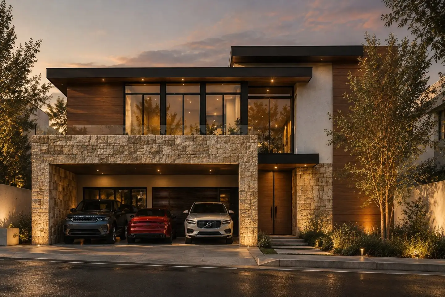 Casa Terralta F54 al anochecer: fachada de piedra, madera y grandes ventanales con cochera para tres autos
